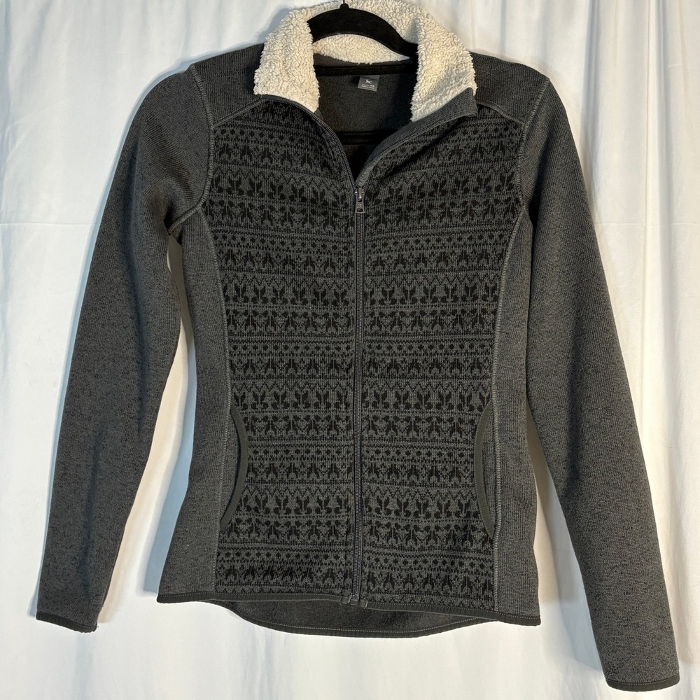 Eddie Bauer Womens Gray Fair Isle Fleece Jacket Sherpa Collar XS